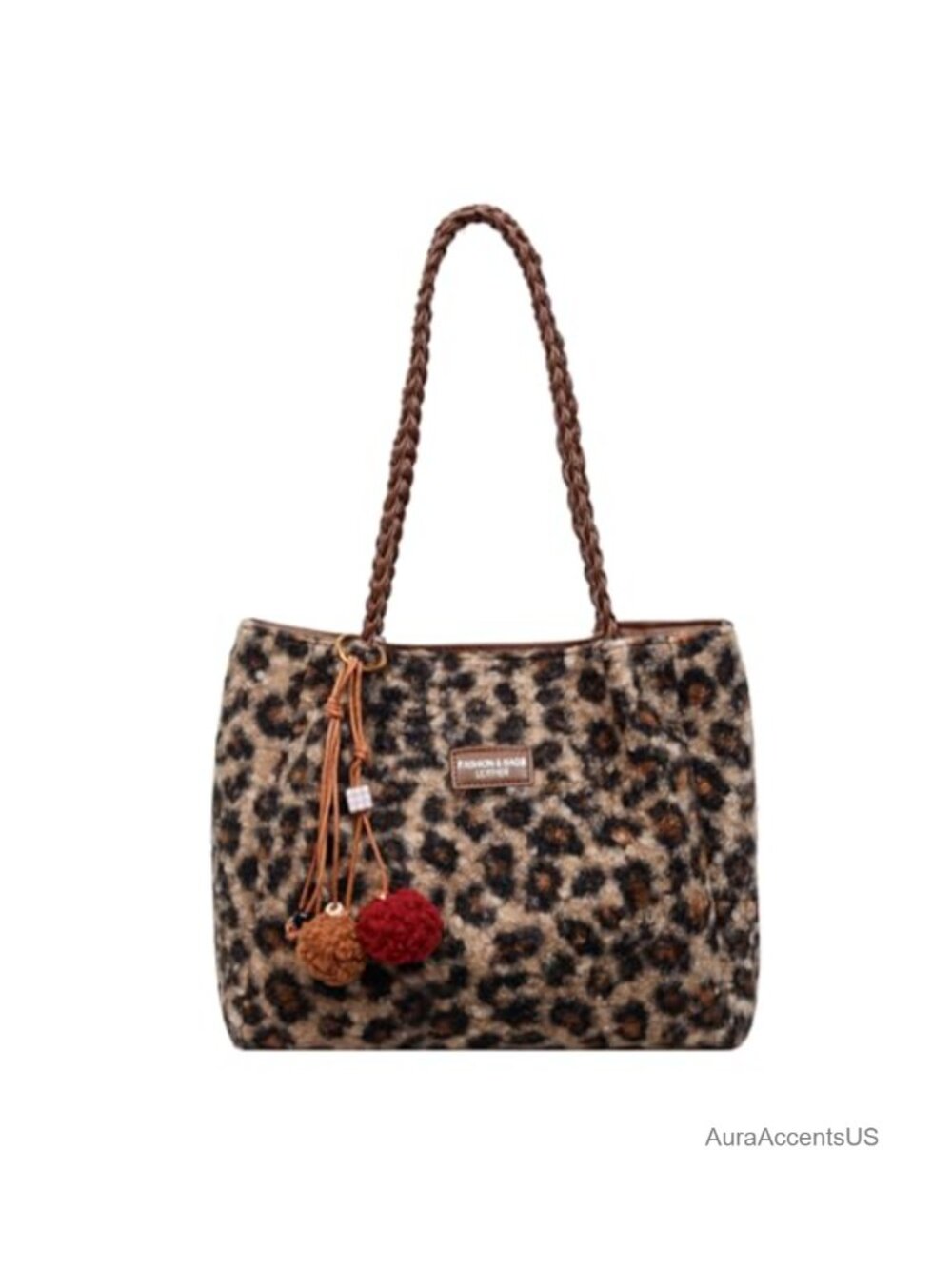 Faux Fur Leopard Print Tote Bag Fuzzy Furry Handbag Winter Purse